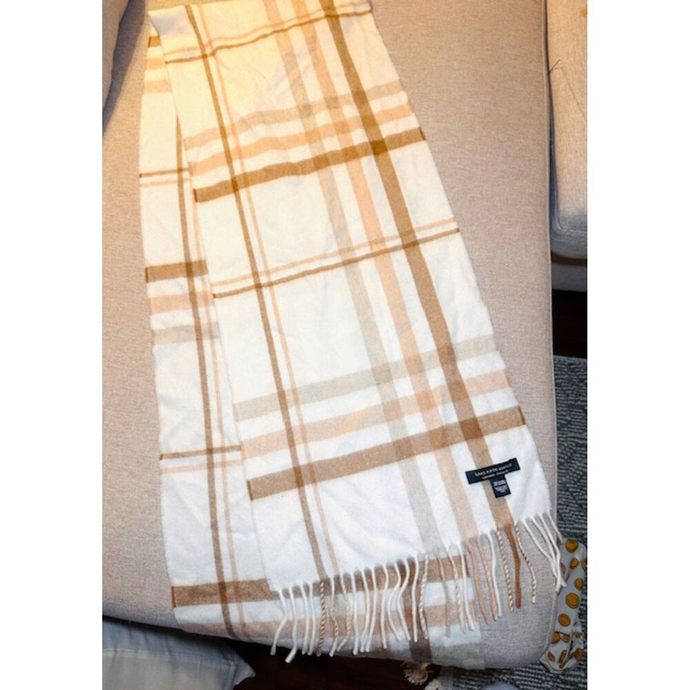 Sacks Fifth Avenue 100% Cashmere Plaid & Fringes Tan Beige Colors  70" Scarf